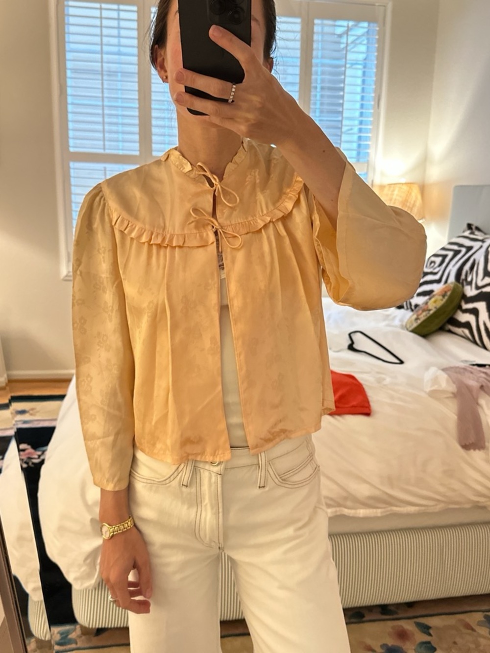 Vintage Light pink Ruffle Tie-Front Satin Blouse